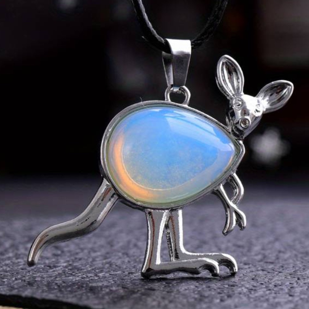 Opalite Iridescent Kangaroo Animal Gemstone Crystal Stone Pendant Necklace